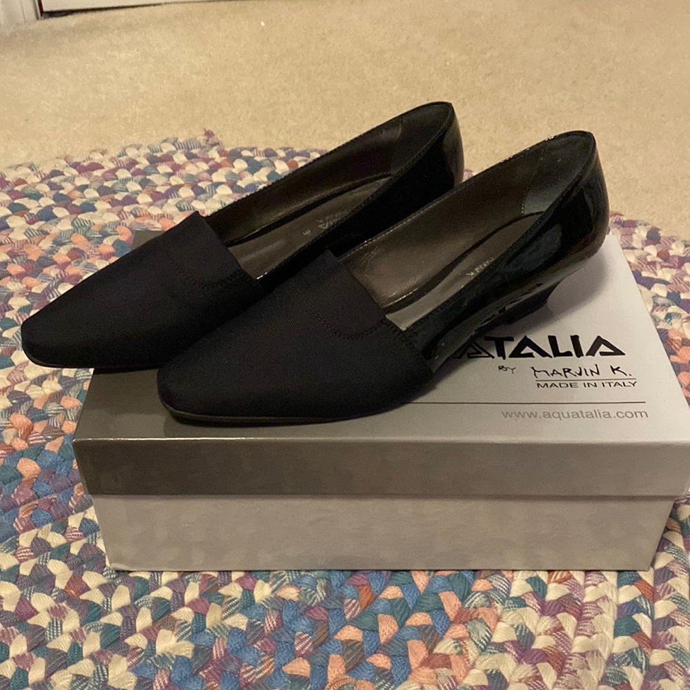 Aquatalia Hanna Mae Black Microfiber Wedge Loafers
